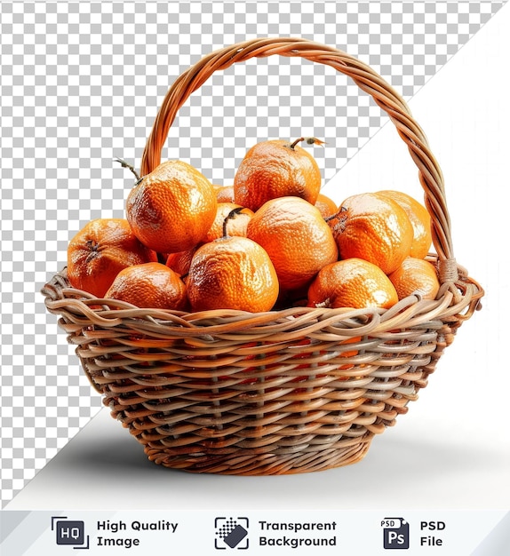 Transparent background with isolated wicker basket of oranges or tangerines