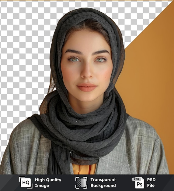 transparent background with isolated woman break gesture wearing a gray shirt and black scarf showcasing her striking blue and brown eyes small nose and brown eyebrow