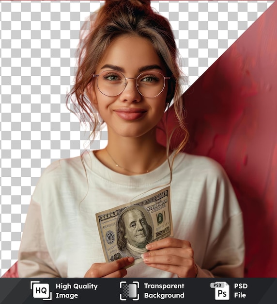 transparent background with isolated woman in glasses with money dollars in her hand