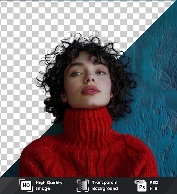 transparent background with isolated woman with red sweater over blue wall making a selfie