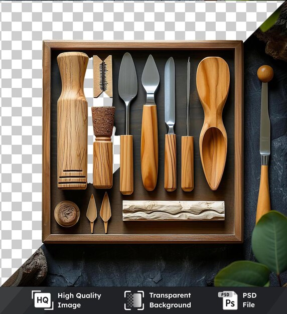 transparent background with isolated wood carving tools set spoons knives forks and spoons accompanied by a green leaf