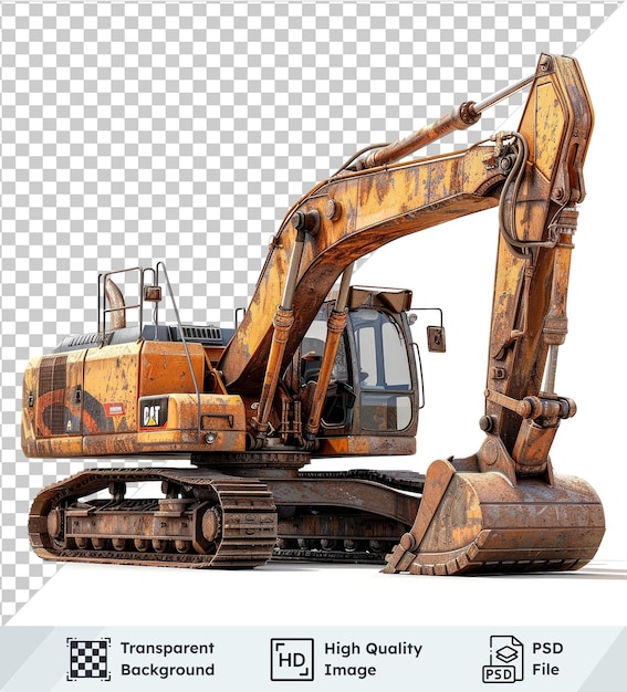 Transparent background with isolated yellow excavator crane and large wheel