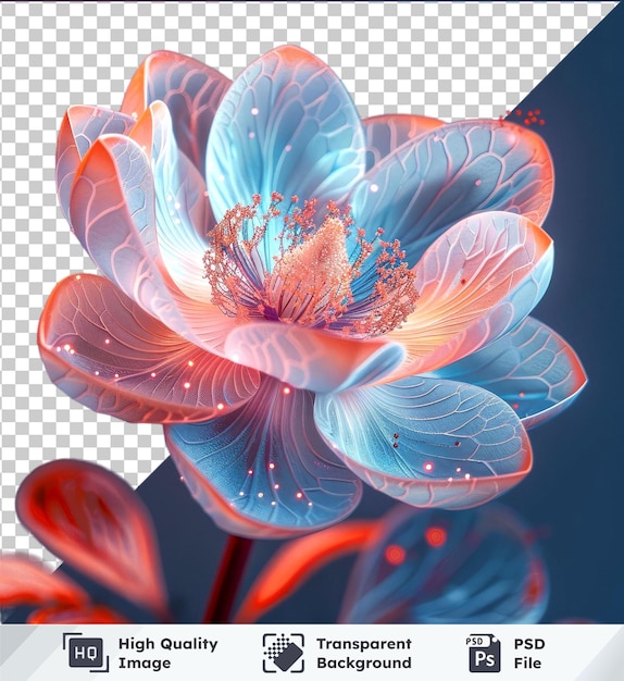 Transparent background with PSD peacock flower blue petal red and orange foreground