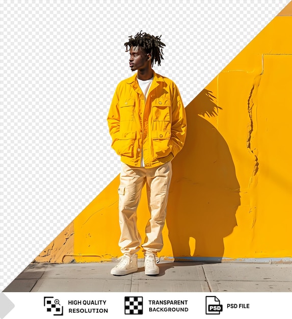 transparent background a young man in a thsirt standing outside a yellow wall wearing a yellow jacket tan and khaki pants and white shoes with black hair and png