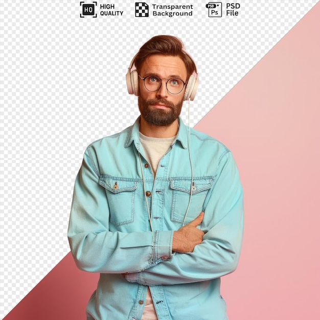 transparent of bearded man casual clothes wearing glasses with headphones looking camera with pensive expressithinking holding hand his chstanding