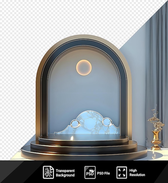 transparent black and gold luxury podium pedestal product display against a white wall illuminated by a round light with a gray and blue curtain in the background png psd