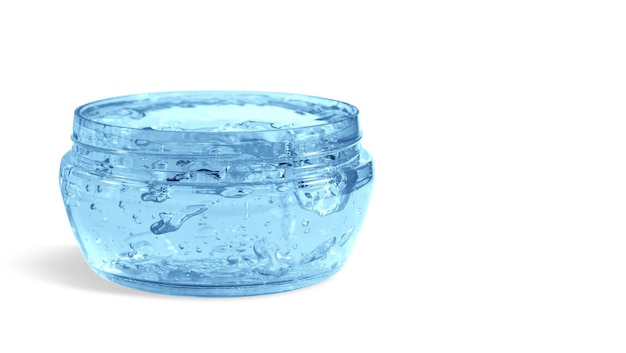 Transparent blue cosmetic gel in a round jar On an empty background