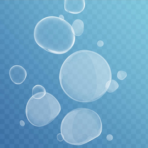 Transparent bubbles with reflection on blue surface