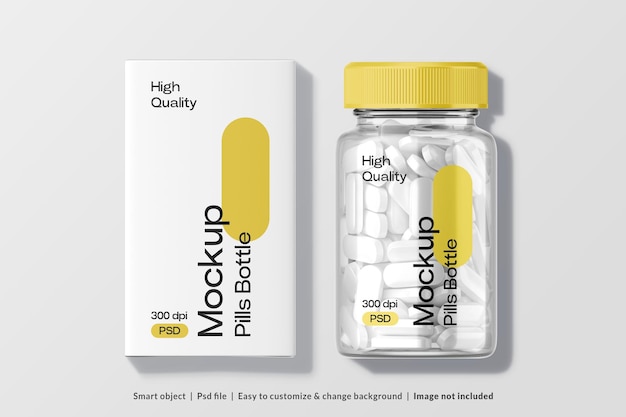 Transparent capsule bottle mockup and Box Mockup in Top Angle