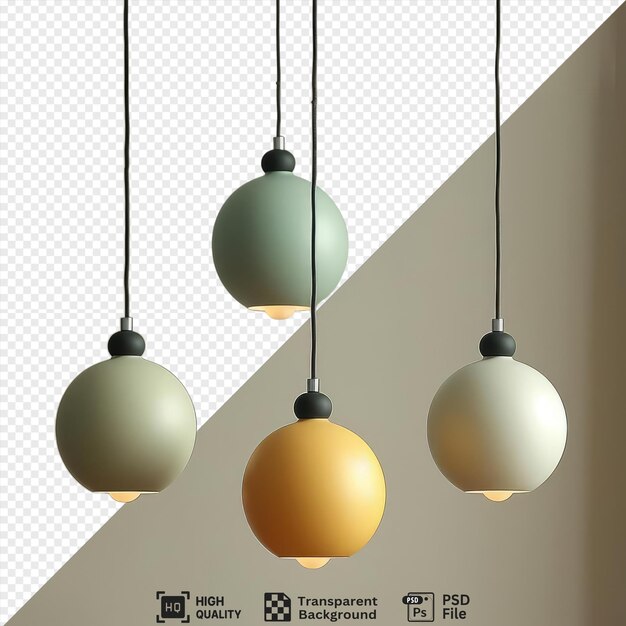 transparent collection set of light fixtures png and jpeg images arranged on a white wall with a yellow ball and hanging lamp in the foreground and a black cord in the background png psd