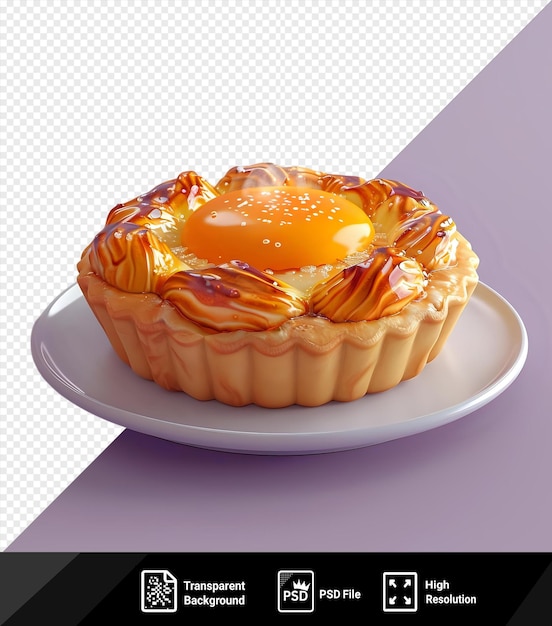 transparent egg tart with coffee and smoke on a white plate placed on a purple table with a purple shadow in the background png