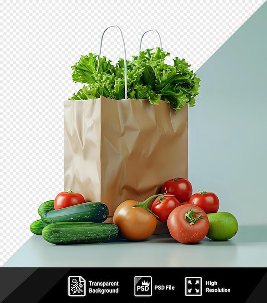 transparent fresh vegetables mockup in recyclable paper bag on transparent background against light blue and blue wall featuring red tomatoes green cucumbers and a green stem png