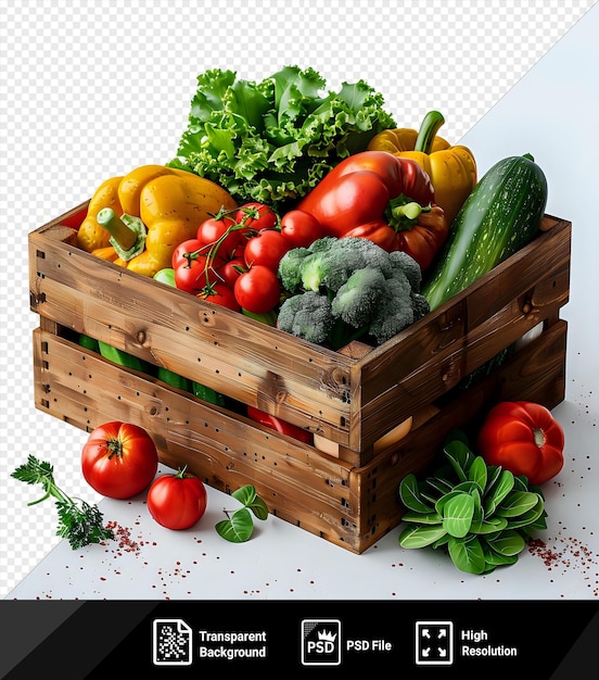 transparent fresh vegetables in a wooden box mockup png