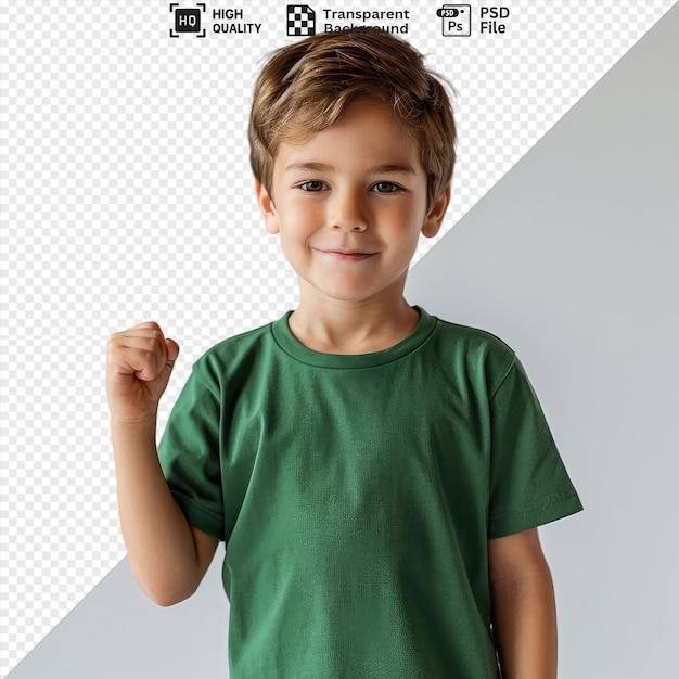 transparent full body little small fun happy boy 7 years old wearing green tshirt do winner gesture clench fist in front of white wall with brown hair small nose and brown eyes png