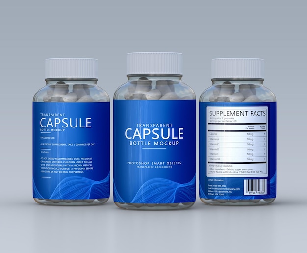 PSD transparent glass-plastic capsule bottle 3 views label mockup