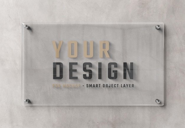 Transparent glass sign plate on Concrete wall Mockup