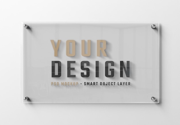 Transparent glass sign plate on white wall Mockup