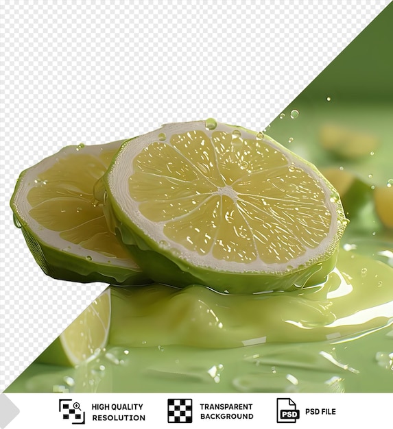 transparent incir tatlisi food with lemon and water droplets on a green table accompanied by a yellow lemon and a green lemon