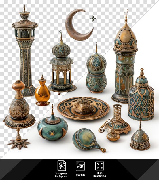 transparent islamic lunar items set a blue vase gold plate and decorative vase displayed on a transparent background