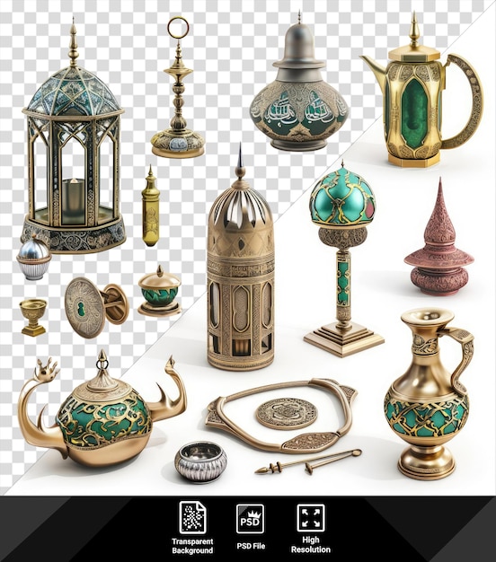 transparent islamic lunar items set a gold clock teapot and teapot displayed on a transparent background