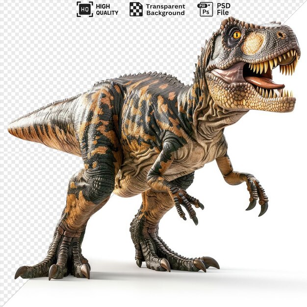 PSD transparent of maiasauroraptor dinosaur with brown and yellow eye and black foot on isolated background