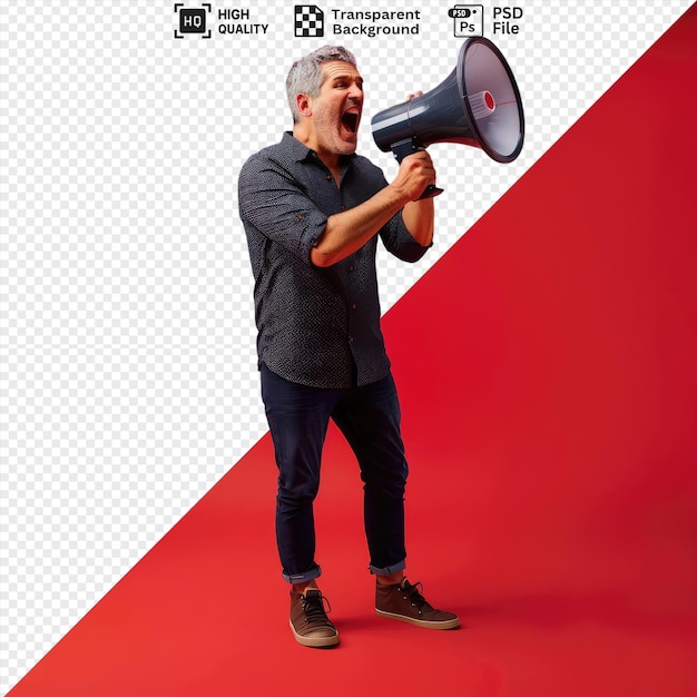 transparent of middle age man with grey hair dark color shirt shouting megaphone being excited clenching fist standing in front of a red wall