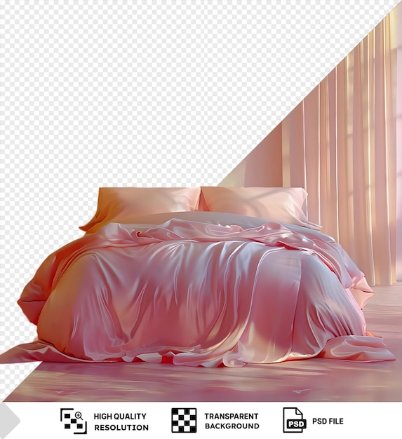 PSD transparent neat and clean bedsheet with white and orange pillows on a wood floor adorned with a pink and white curtain png psd