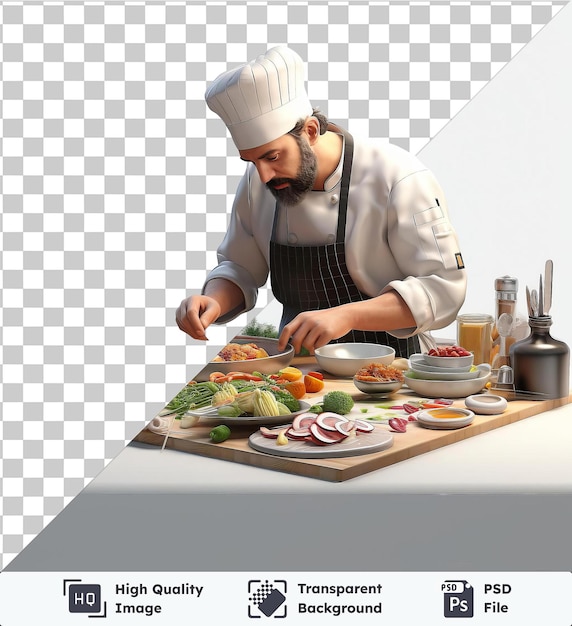 transparent object 3d chef cooking a gourmet meal on a wooden cutting board surrounded by white bowls and a green plant wearing a black apron and white hat with a black beard and