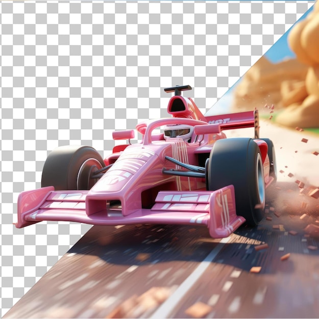 Transparent Object 3D race car driver cartoon speeding on a Formula 1 track