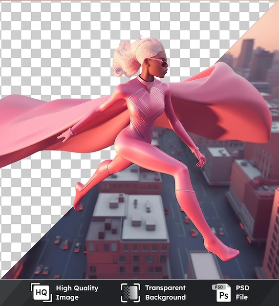 PSD transparent object 3d superheroine cartoon soaring through the city image