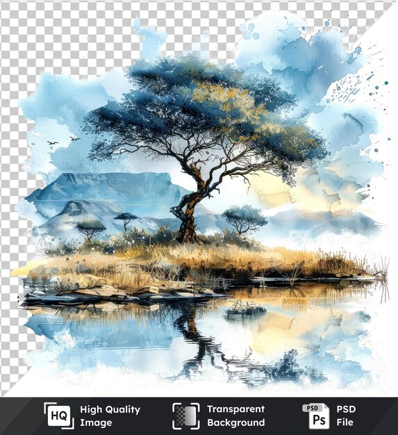 PSD transparent object in african landscape watercolor artwork with natural beauty design on an