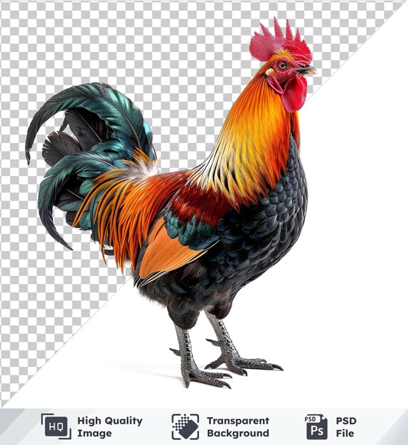 PSD transparent object bantam rooster isolated on transparent background with red head black and gray