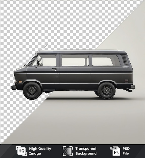 transparent object black cargo van with antenna and small windows against gray sky casting a black shadow