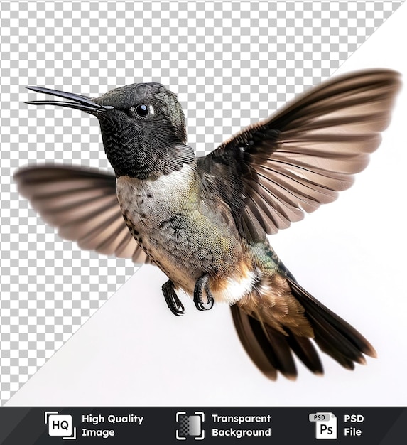 Transparent object blackchinned hummingbird brown and black wings head eye beak isolated on