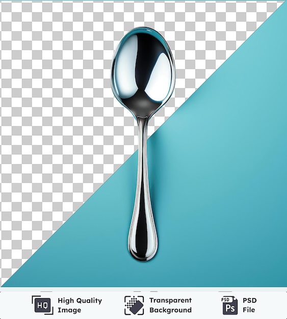 transparent object on a blue background a silver spoon and a silver handle