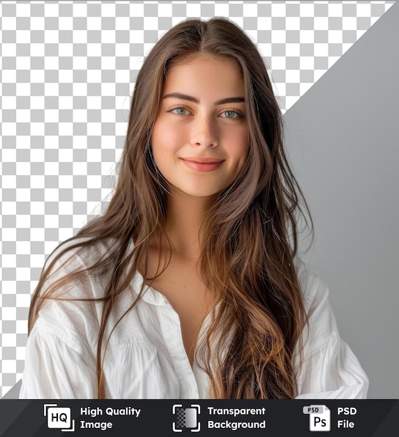 transparent object brunet cheerful young woman beauty portrait perfect makeup long chic elegant hair model tests young cute girl in white shirt posing for the camera