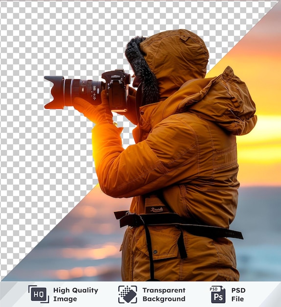 PSD transparent object captures seaside sunset with black camera and strap under orange sky