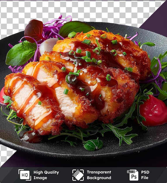 transparent object chicken katsu on a black plate