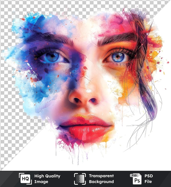 PSD transparent object colorful watercolor splashes depict a beautiful girl with distinctive features