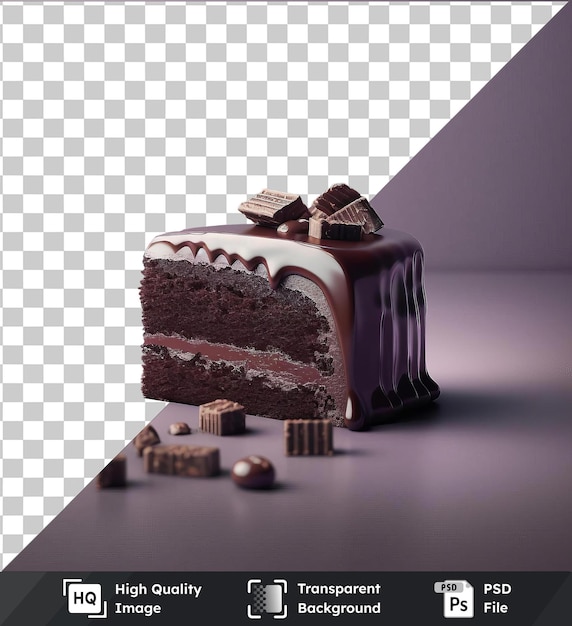 transparent object decadent chocolate cake and small candies on shiny table against purple wall