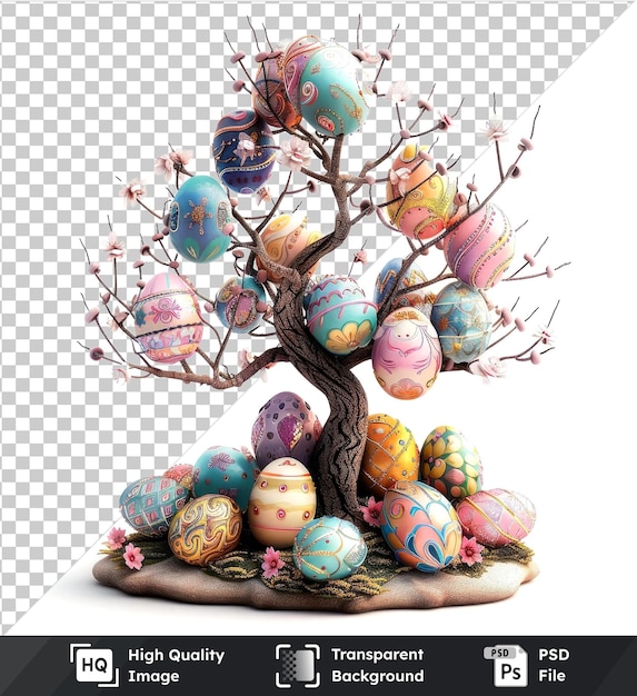 Transparent object decorative Easter egg trees with colorful ornaments on transparent background