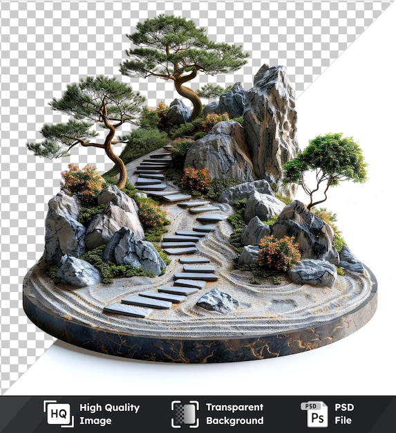 Transparent object depicting miniature zen gardens isolated includes small green trees and gray