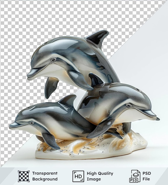 Transparent object dolphin family figurines on transparent background with gray black beaks eyes