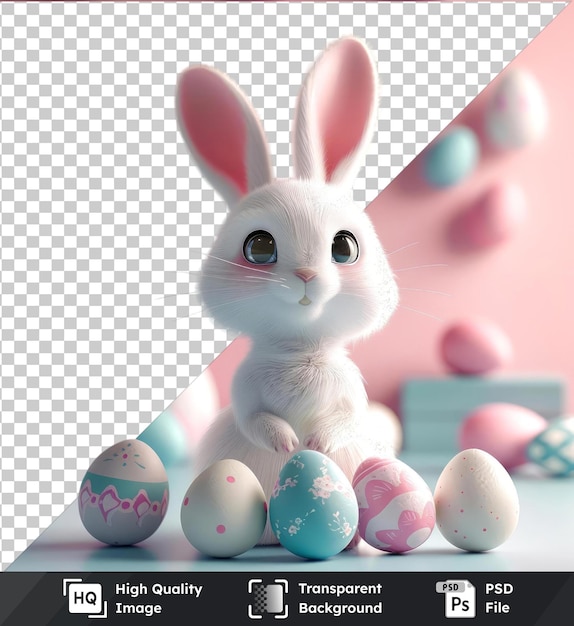 Transparent object Easter bunny mockup with a white rabbit black and blue eyes pink nose and long