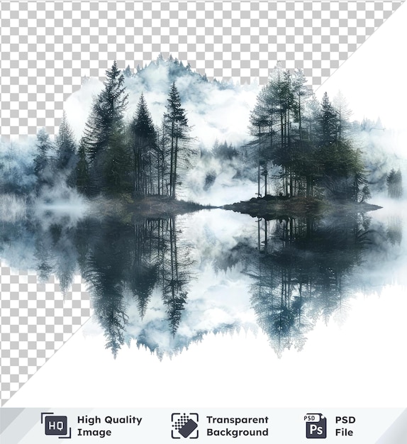 PSD transparent object in ethereal watercolor landscape with lake reflection and tall trees under