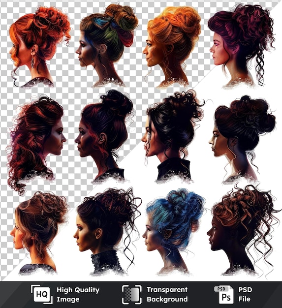 PSD transparent object female silhouettes in various hairstyles on transparent background