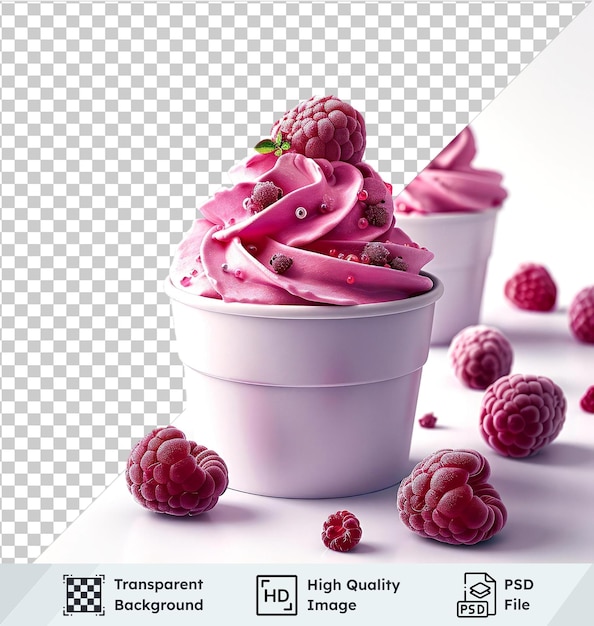 PSD transparent object frozen yogurt cups with raspberries isolated on transparent background