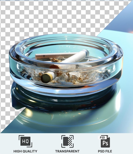 transparent object in a glass container with a cigarette on top