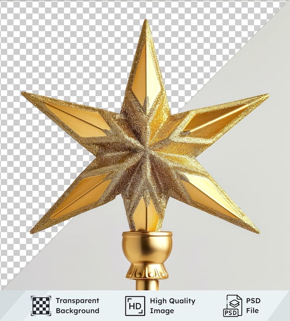 PSD transparent object golden star tree topper isolated on transparent background placed on a gold pole