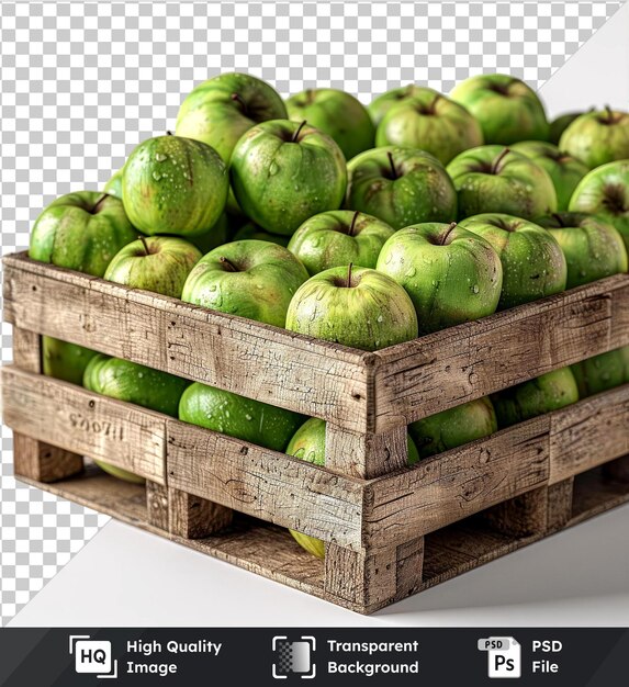 PSD transparent object green apples in wooden crates isolated on transparent background